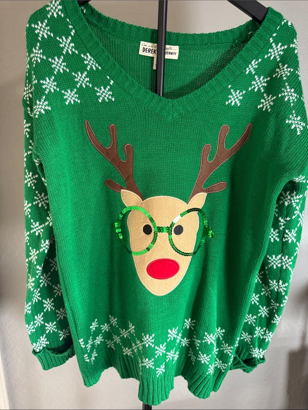 Derek Heart Green Reindeer V-Neck Sweater with Sequin Glasses
